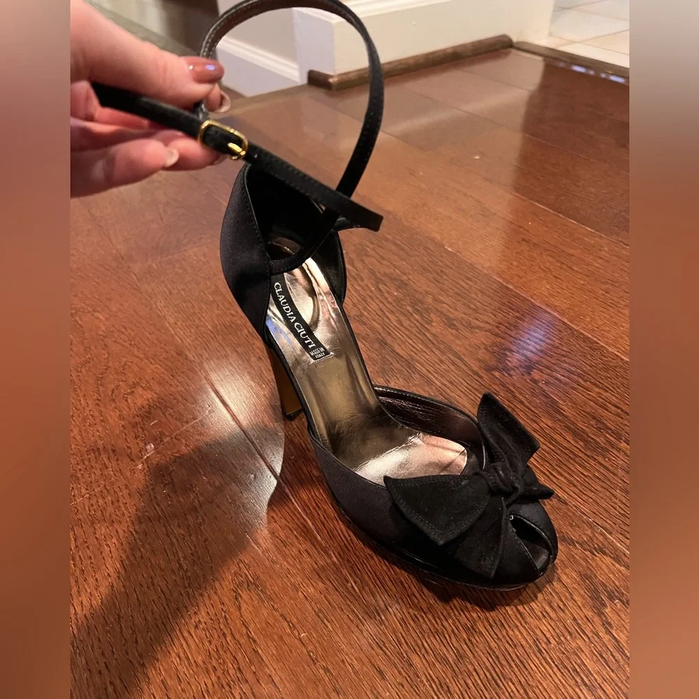Vintage Claudia Cuiti Black Peep-Toe Heels with Bow - Made in Italy